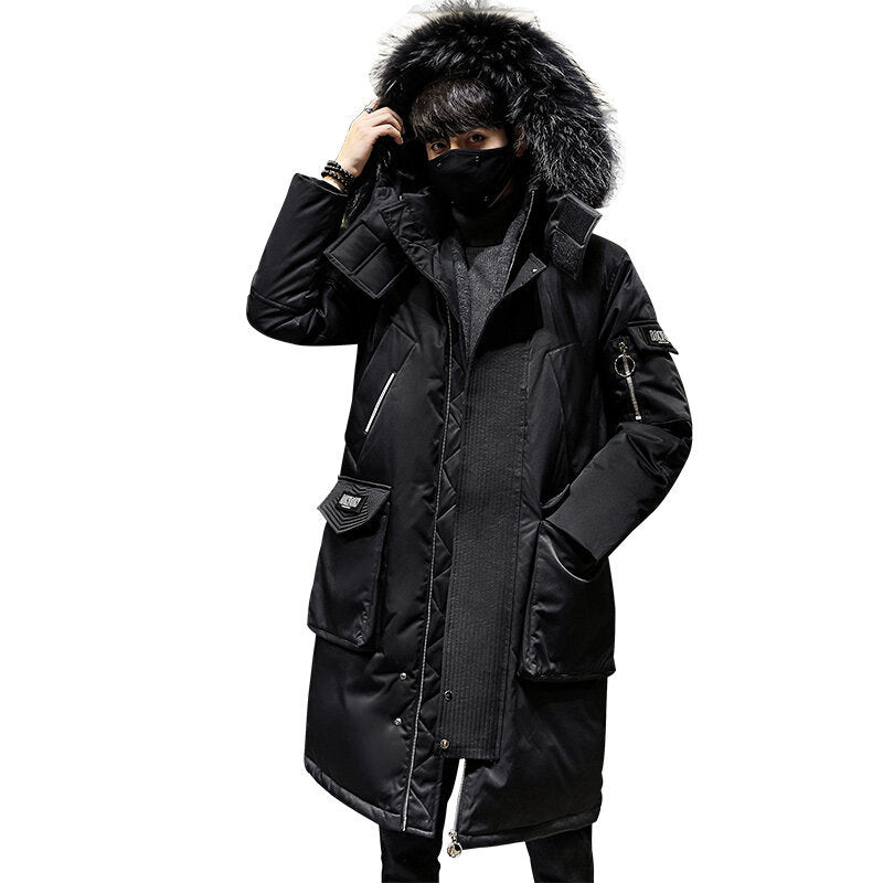 2021 new winter down jacket men's long fashion brand overalls hooded coat men's casual white eiderdown down jacket