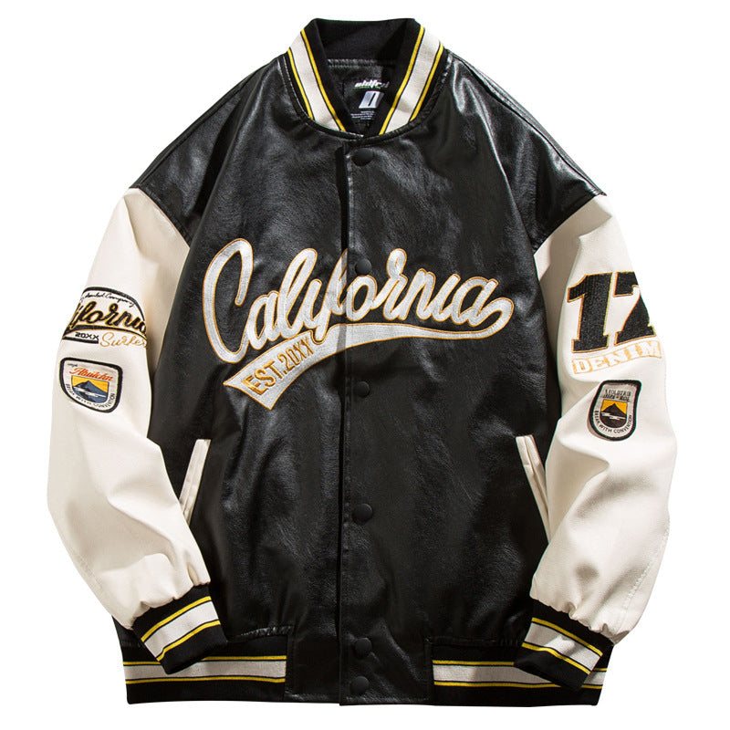 American street PU leather baseball jacket men's fashion hip hop embroidery loose couples casual leather jacket personality topper