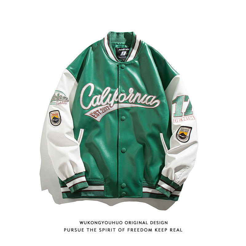 American street PU leather baseball jacket men's fashion hip hop embroidery loose couples casual leather jacket personality topper