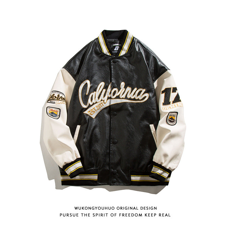 American street PU leather baseball jacket men's fashion hip hop embroidery loose couples casual leather jacket personality topper