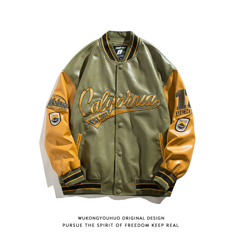 American street PU leather baseball jacket men's fashion hip hop embroidery loose couples casual leather jacket personality topper