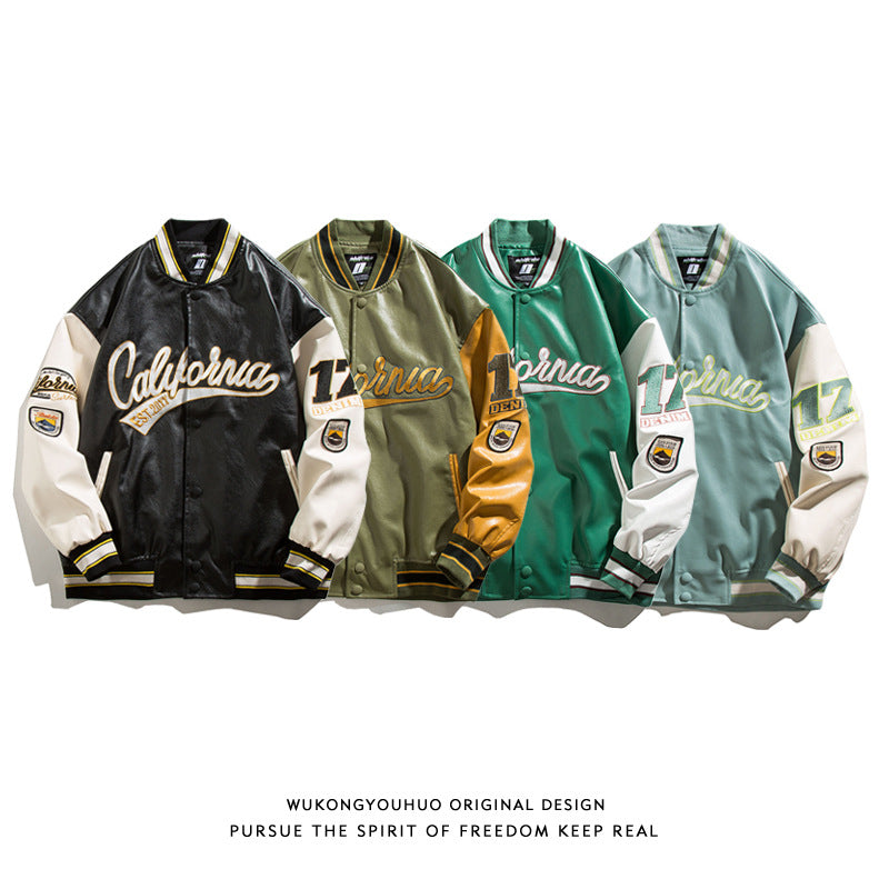 American street PU leather baseball jacket men's fashion hip hop embroidery loose couples casual leather jacket personality topper