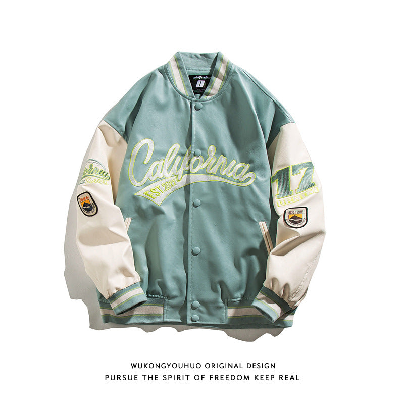 American street PU leather baseball jacket men's fashion hip hop embroidery loose couples casual leather jacket personality topper