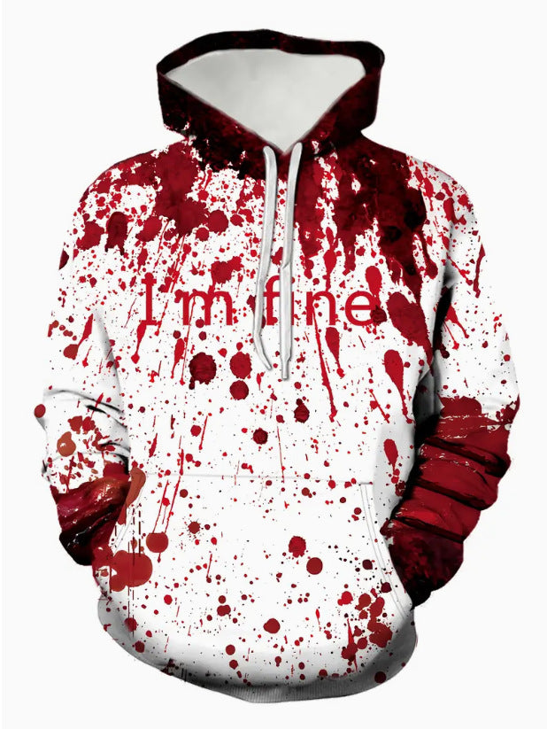 A digital printed skull pattern hooded sweatshirt with no pockets